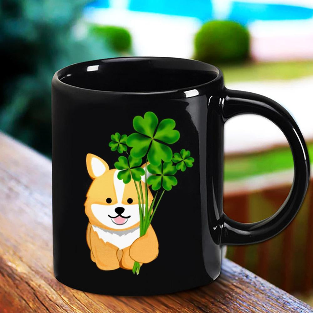 Lovely Corgi Dog Lovers Shamrock Black Mug Happy Patrick's Day , Gifts For Birthday, Anniversary Ceramic Coffee Mug 11-15 Oz
